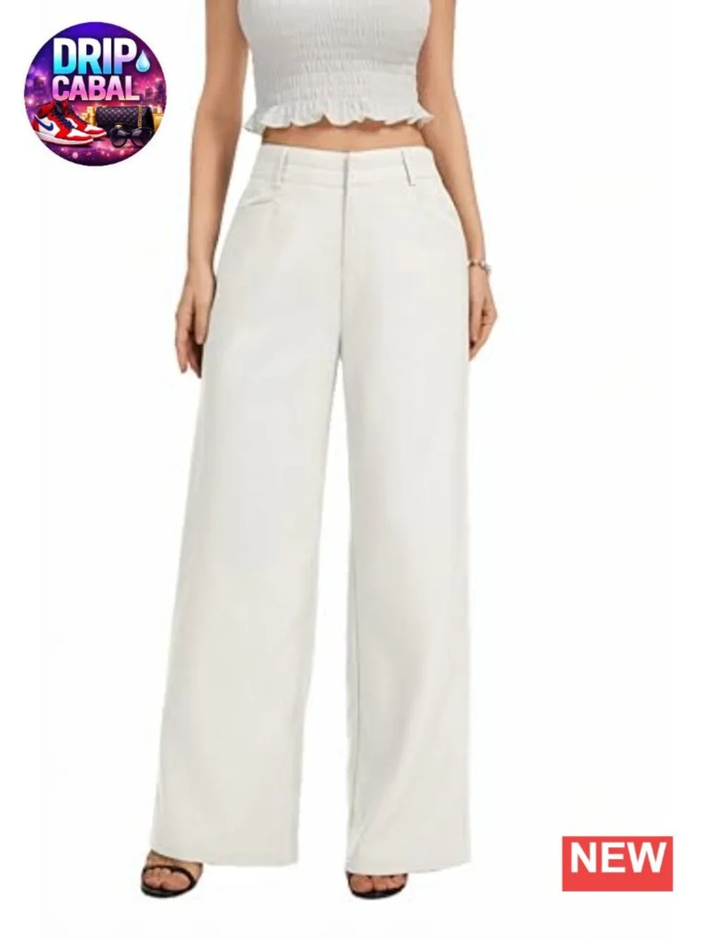 Wide Leg High Waist Work Pants Back Elastic Waistband with Pockets
